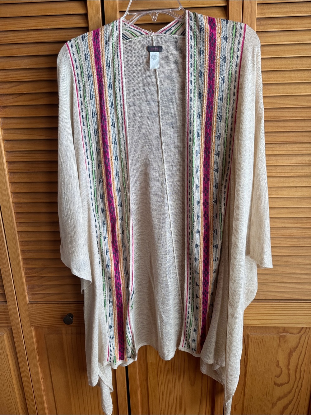 ECHO Open-Front Thin Cream Knit Cardigan with Colorful Trim